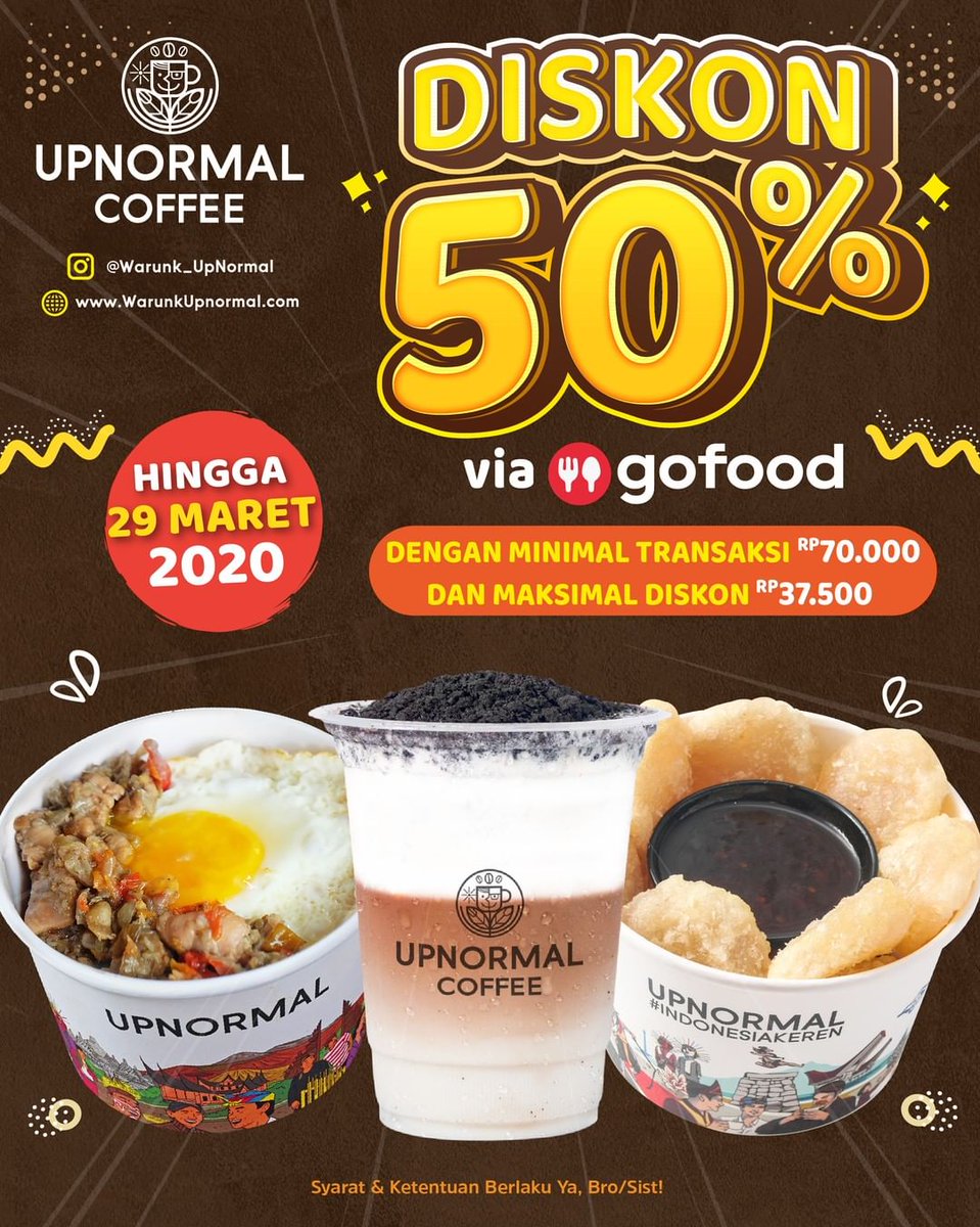 katalogpromosi's tweet image. WARUNK UPNORMAL Promo DISKON 50% untuk pemesanan via GOFOOD berlaku mulai tanggal 14 - 29 Maret 2020⁣⁣⁣⁣⁣⁣⁣⁣⁣⁣⁣ | Lihat yuk promosi dan penawaran selengkapnya di sini ow.ly/nWuq30qrshC 
#promowarunkupnormal #promogofood #infokatalogpromosi