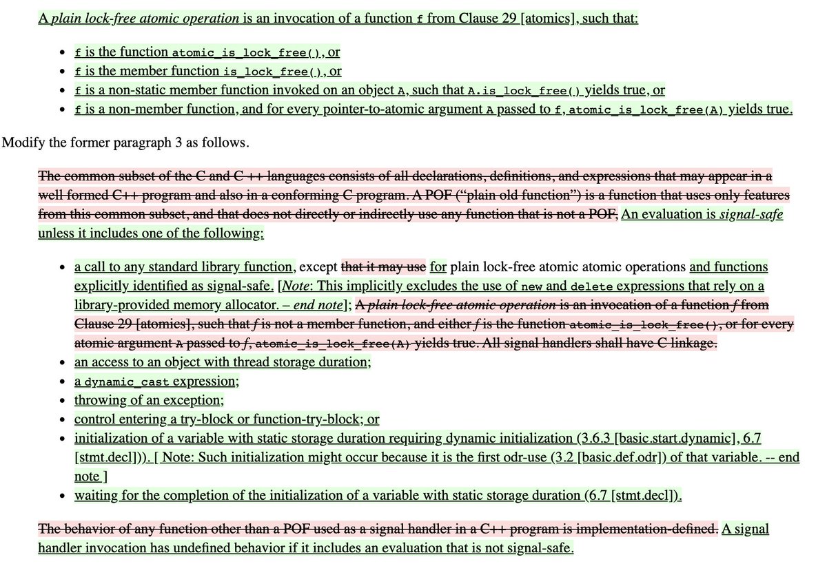 Today's episode of "something I didn't know about C++ until C++17 took it away":You've all heard of "POD" types?There used to be "Plain Old Function" (POF!) which defined what was callable from a signal handler.Removed from C++17 by  https://wg21.link/P0270&nbsp;