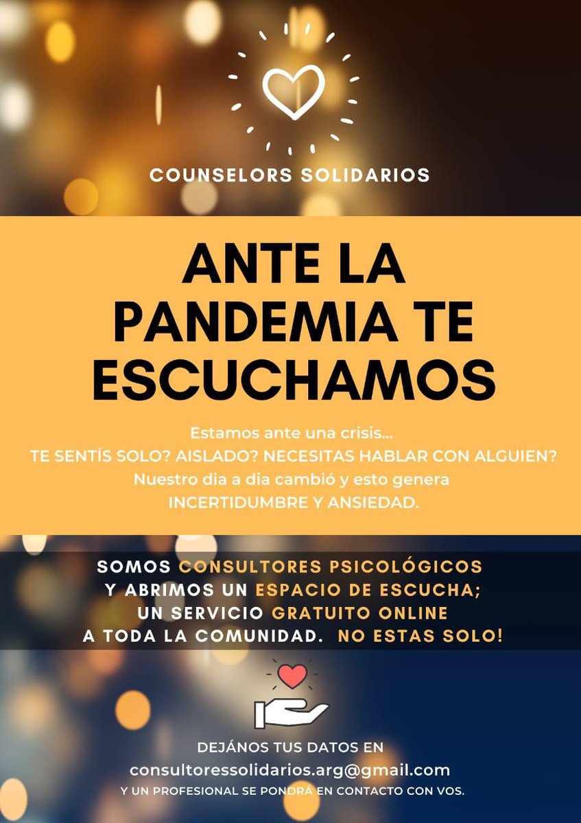 uxjossie's tweet photo. Recomiendo fuerte #counselorssolidarios. Les escribís al mail y te llaman al toque. Me re ayudaron con toda esta incertidumbre que estamos pasando #AislamientoObligatorio #CuarentenaTotal #YoMeQuedoEnCasa #QuedateEnCasa #Dia5 #Covid_19 https://t.co/Vy3RngYzAz