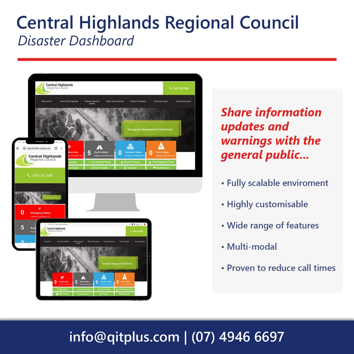 QITPlus's tweet photo. The Central Highlands Regional Council (@CHRCouncil) Disaster Dashboard empowers their locals with emergency updates and situational awareness during disasters and incident events. #BePrepared

➡️ https://t.co/nnj5zt5Wsl https://t.co/WXBlT8L3ma