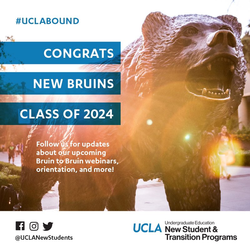 Congratulations Class of 2024! Welcome to the Bruin Family! Follow us for the most current information relating to next steps as New Bruins! <a href="/UCLANewStudents/">UCLA New Student Academic Programs</a>
#UCLAbound #UCLAClassof2024