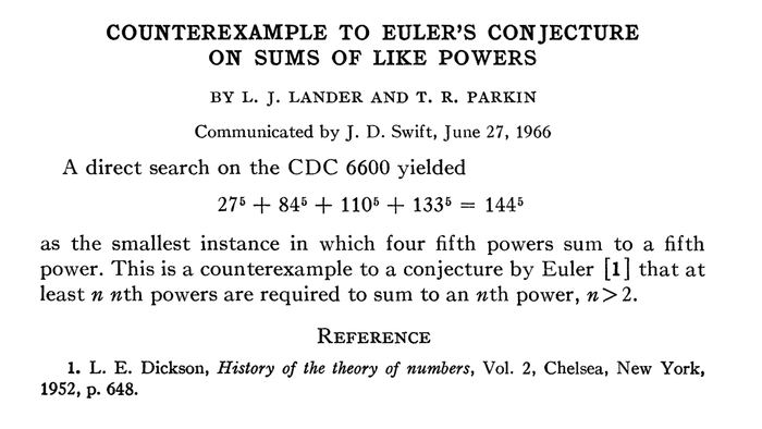 wonrobot's tweet photo. Turning to #Maths to take a break from #Covid_19 news. 

The shortest Maths paper. 5 lines.

Disproves Euler's conjecture related to Fermat's last theorem using #CDC6600 supercomputer in 1966.

What are the shortest papers in other subjects? #stayathome #STEM https://t.co/1YE3iBMYdW