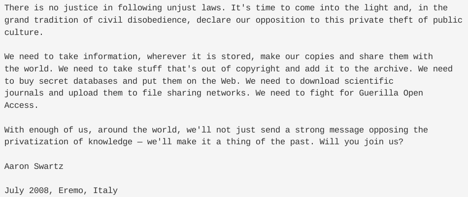 aaron didn't need a global pandemic to declare the crisis and act upon one. jstor's gesture comes as too little too late. too little too late killed our heroes in the past and keeps killing us day after day. read, share, disobey and remember aaron swartz archive.org/stream/Guerill…