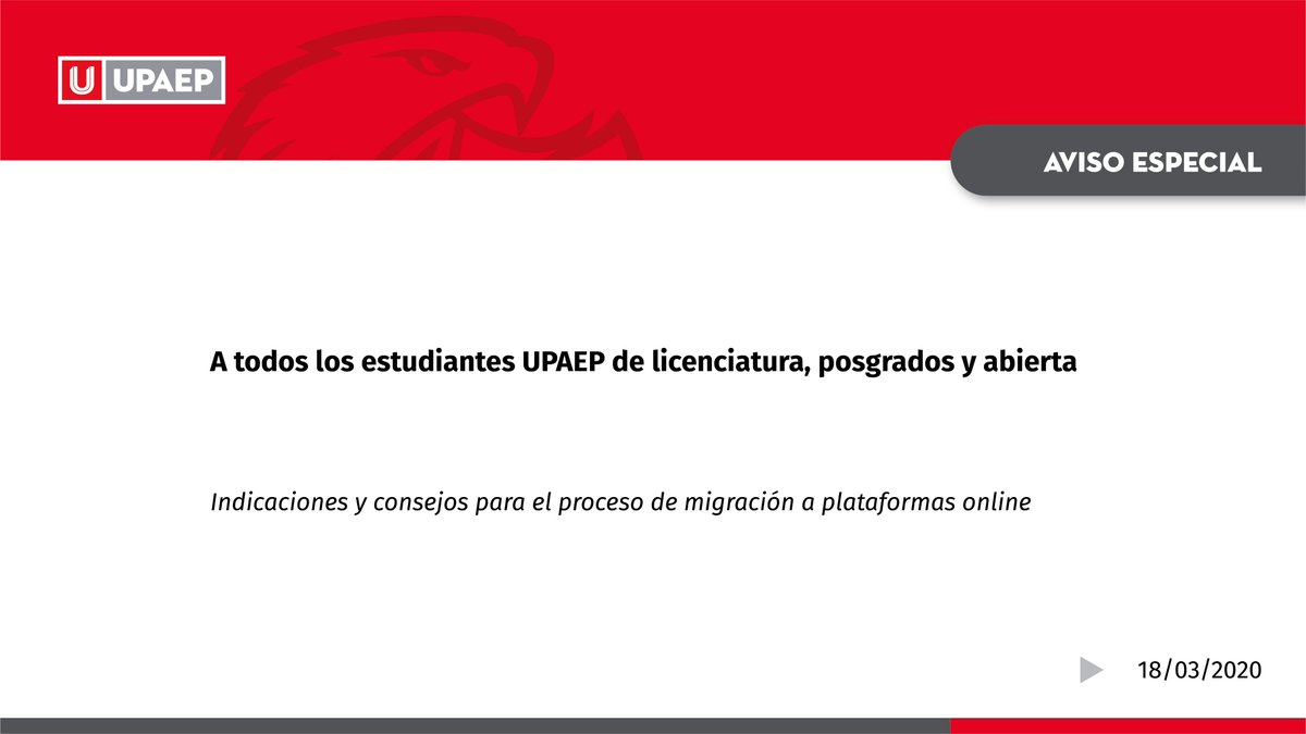 UPAEP's tweet photo. Es momento de afrontar nuestro contexto actual con verdadero espíritu águila. Seamos protagonistas de la solidaridad y la unión. Aquí te dejamos consejos para el proceso de migración a plataformas online #UPAEPcontigo #UPAEPhaceSuParte 
https://t.co/Y3INEEayL3 https://t.co/E3UFgCt0wr