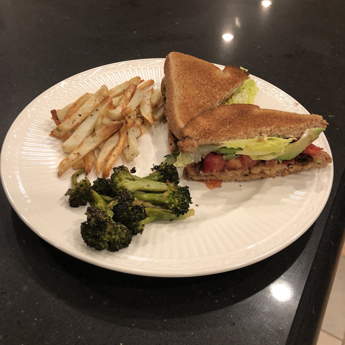 Last night’s dinner BLT’s with homemade tempeh bacon, roasted broccoli, homemade fries. We are staying with Sarah’s mom and she has an air fryer, it rules.