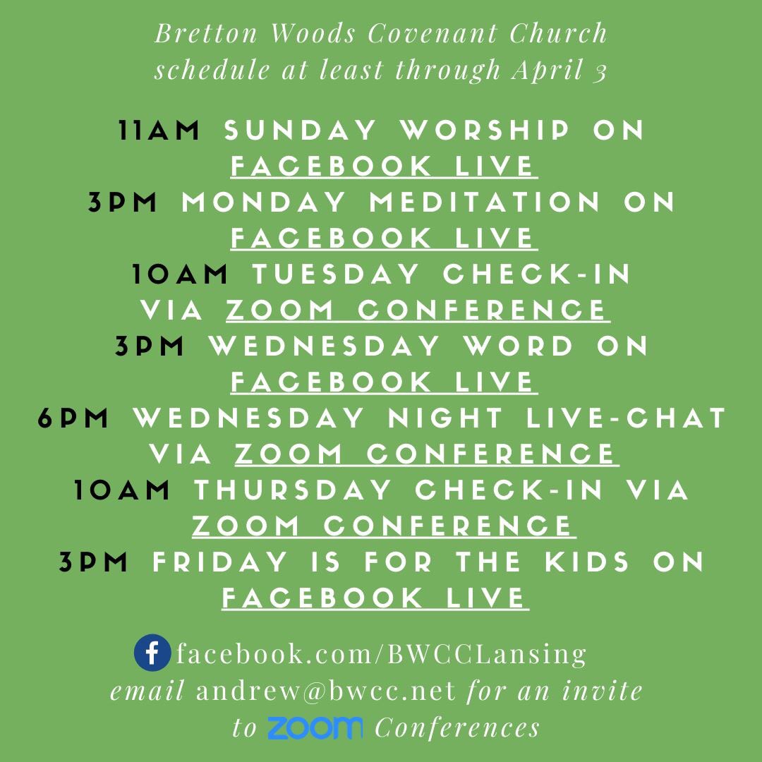 BWCCLansing's tweet photo. Our schedule for the next two weeks, in addition to all those continued phone calls and other check-ins and prayers.

Facebook Live options stream at https://t.co/9S8G1waBkY https://t.co/7DSb7cHvyK
