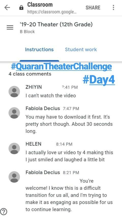 WordsWithFab's tweet photo. #QuaranTheaterChallenge Day 4 consisted of students creating a "Theater Talk" video based on life in this new "Online Learning Environment". I created a video, "Indefinite Snooze", as an example & the students loved it. #WordsWithFab #PlaywrightFab #GoogleClassroom #NewNormal https://t.co/3aMer16cuV