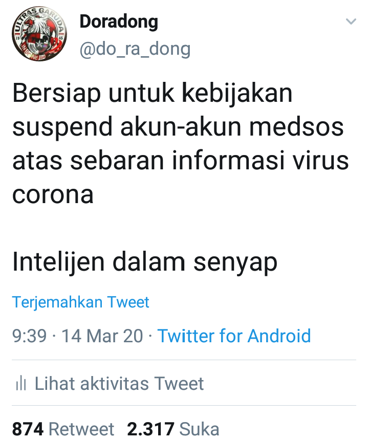 do_ra_dong's tweet photo. Kebijakan membatasi serta mensuspend akun medsos termasuk twitter sudah pernah kami sampaikan sejak 14 Maret lalu

Kebijakan ini termasuk operasi senyap membatasi dan menutup informasi sedikit demi sedikit tanpa disadari netizen https://t.co/wQA0CKH33g
