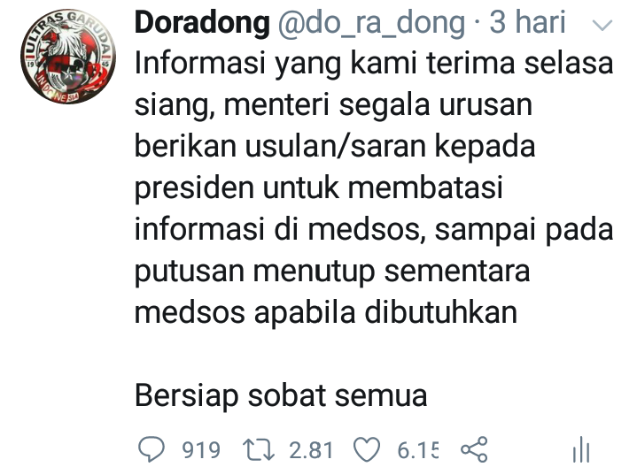 do_ra_dong's tweet photo. Kebijakan membatasi serta mensuspend akun medsos termasuk twitter sudah pernah kami sampaikan sejak 14 Maret lalu

Kebijakan ini termasuk operasi senyap membatasi dan menutup informasi sedikit demi sedikit tanpa disadari netizen https://t.co/wQA0CKH33g
