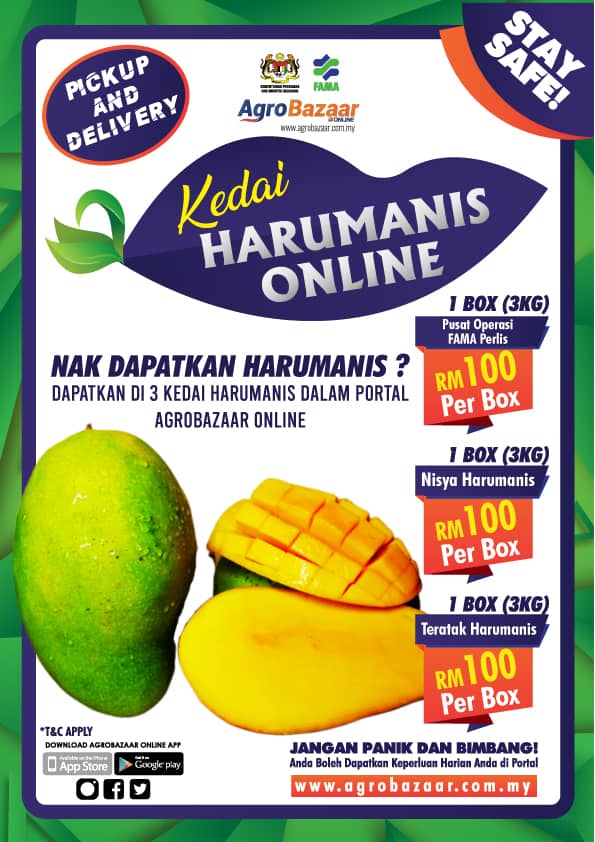 FAMA_Malaysia's tweet photo. Jangan panik dan bimbang, Agrobazaar kan ada. #staysafe! Kini anda boleh membeli sayur-sayuran, barangan My Kitchen pack promo dan Mangga Harumanis dalam talian! 

Pilih barangan dan ambil barangan di 17 pick up point di seluruh negara. 

@MuhyiddinYassin

#famadihatirakyat https://t.co/drVdC1gGu7