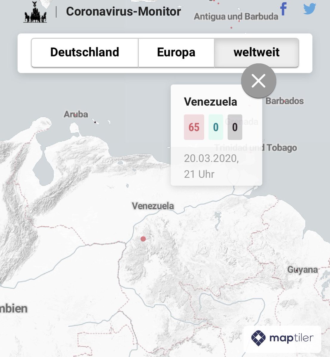 RafaelFuenmayor's tweet photo. Venezuela tiene 65 casos de coronavirus según el rastreo que lleva la Universidad Johns Hopkins de EEUU y el diario Berliner Morgenpost de Alemania. El régimen de Nicolás Maduro no ofrece cifras desde el pasado miércoles 18 de marzo, cuando Delcy Rodríguez afirmó que habían 36. https://t.co/YrEbJT3L3T