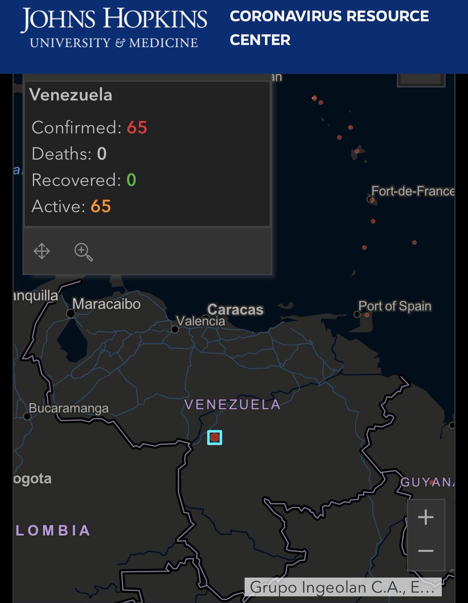 RafaelFuenmayor's tweet photo. Venezuela tiene 65 casos de coronavirus según el rastreo que lleva la Universidad Johns Hopkins de EEUU y el diario Berliner Morgenpost de Alemania. El régimen de Nicolás Maduro no ofrece cifras desde el pasado miércoles 18 de marzo, cuando Delcy Rodríguez afirmó que habían 36. https://t.co/YrEbJT3L3T
