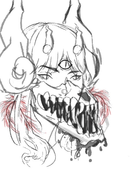 // [ loudly blows bubblegum bubbles ] while I was away I began designing sin eater mana concepts and all I’ve got worth showing is the headshot but 🔥