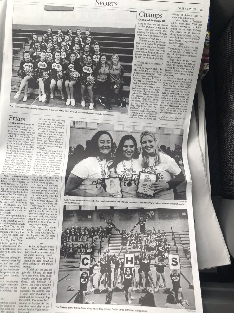 Congrats  CHS cheerleaders 📣. We made the front page of the “Sports” page. Proud of each of you for the hard work from June through March! 
So glad to bring back competition cheerleading after it’s 14 year absence! We brought it back with a Championship❤️🖤🐘. <a href="/CoventryOakers/">Coventry High School</a>