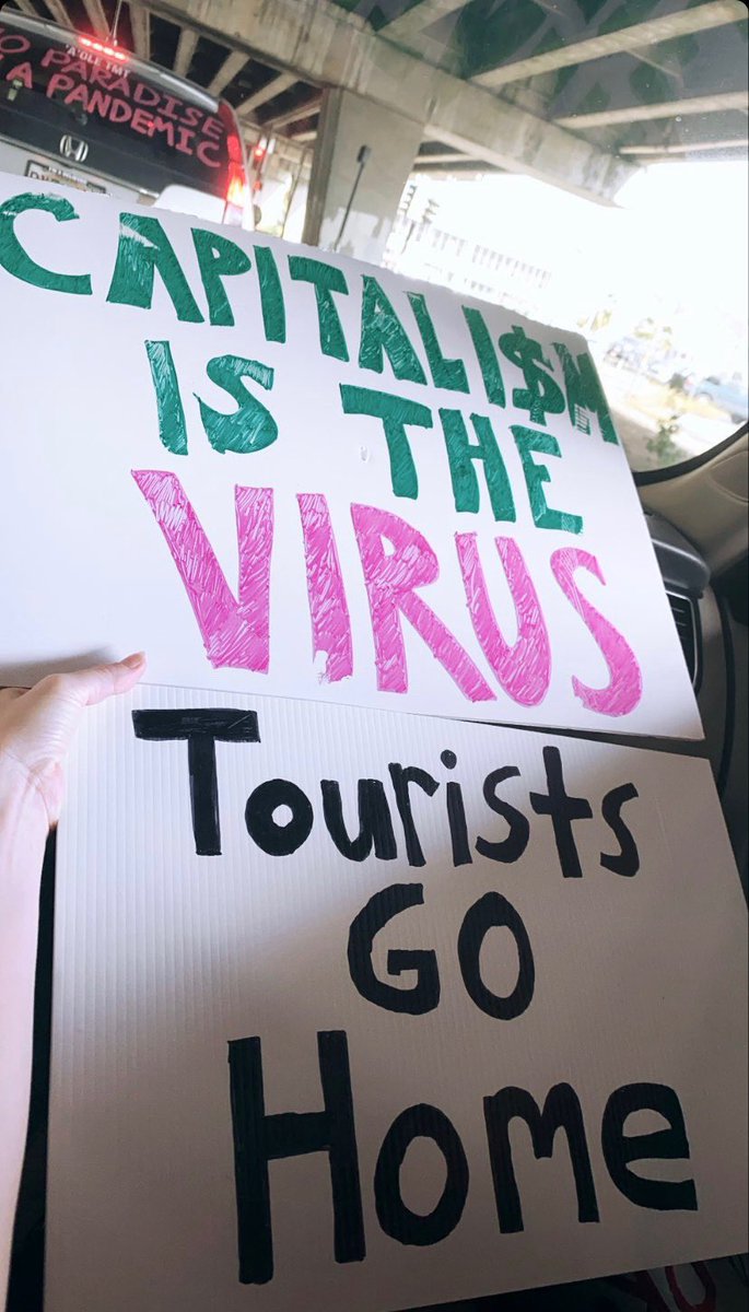 karaokecomputer's tweet photo. Drove a kia’i convoy organized by @Kue_Kawena through Waikiki today, telling tourists to go home and stop endangering our community. Got a great response from locals. Always fun to see visitors SHOCKED AND APPALLED to be greeted by anything other than a sugary sweet welcome! https://t.co/WlIe7Z4Rjt