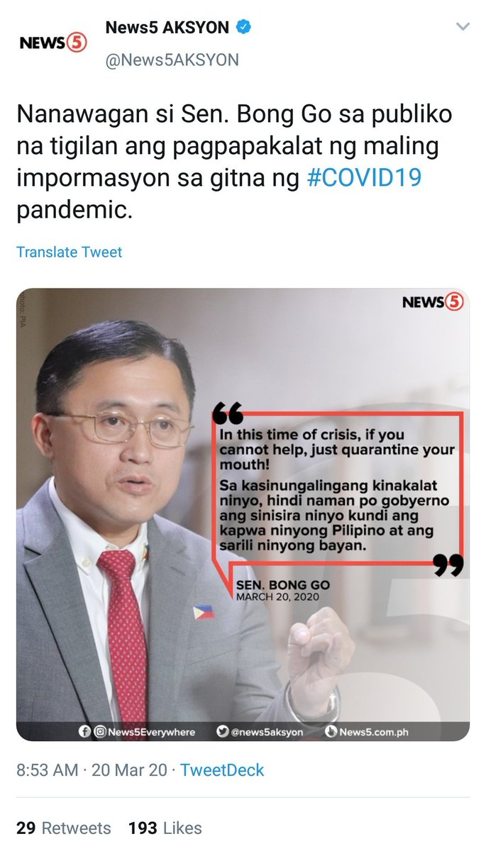 Ah, quarantine yourself din po Senator. Ansabe ninyo sa pagpunta ninyo sa Butuan tapos 2,000 katao sa evacuation center eh PUM ho kayo bilang galing sa Manila? Hindi ho ba dapat kayo ang unang sumunod dahil pinuno kayo?Double standard. Double standard everywhere.