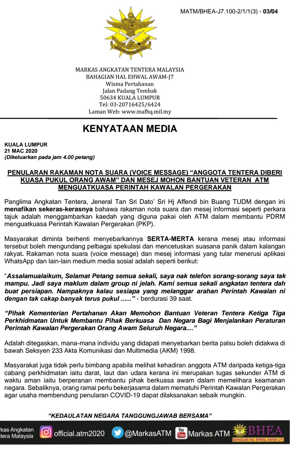 Bfm News On Twitter The Malaysian Armed Forces Has Dismissed A Voice Clip Claiming Military Personnel Are Permitted To Use Physical Force To Enforce The Movement Control Order It Says The Deployment
