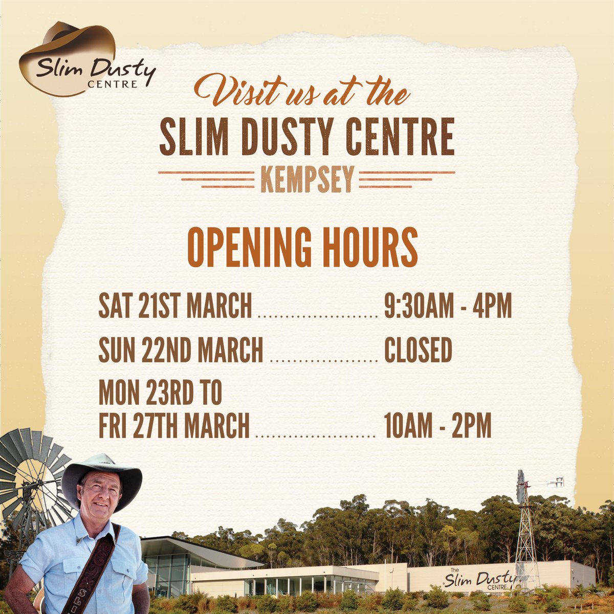 Please be aware that the Slim Dusty Centre will be closed this Sunday 22nd March, and will be open next week from 10am - 2pm on Monday - Friday. 

For more information and regular updates, please contact us on (02) 6562 6533 or visit slimdustycentre.com