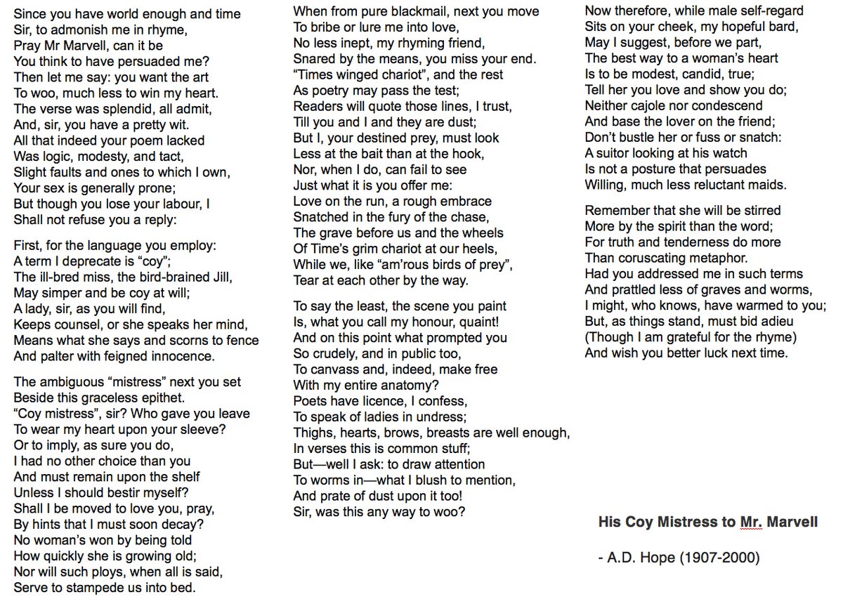 08 His Coy Mistress to Mr Marvell by A D HopeHappy  #NationalPoetryDay  #PandemicPoems https://soundcloud.com/user-115260978/08-his-coy-mistress-to-mr-marvell-by-a-d-hope