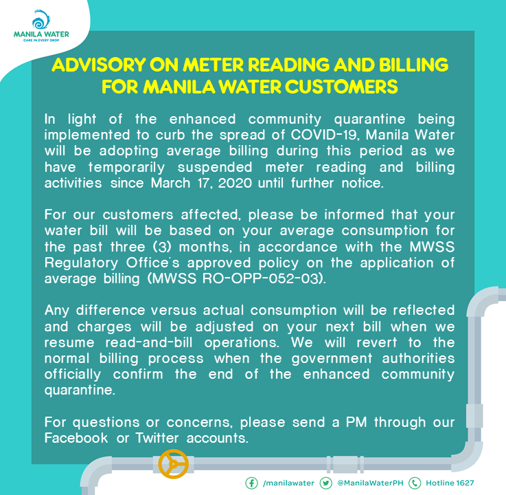 ManilaWaterPH's tweet photo. UPDATED ADVISORY ON METER READING AND BILLING FOR MANILA WATER CUSTOMERS https://t.co/vEVVDqDWDv