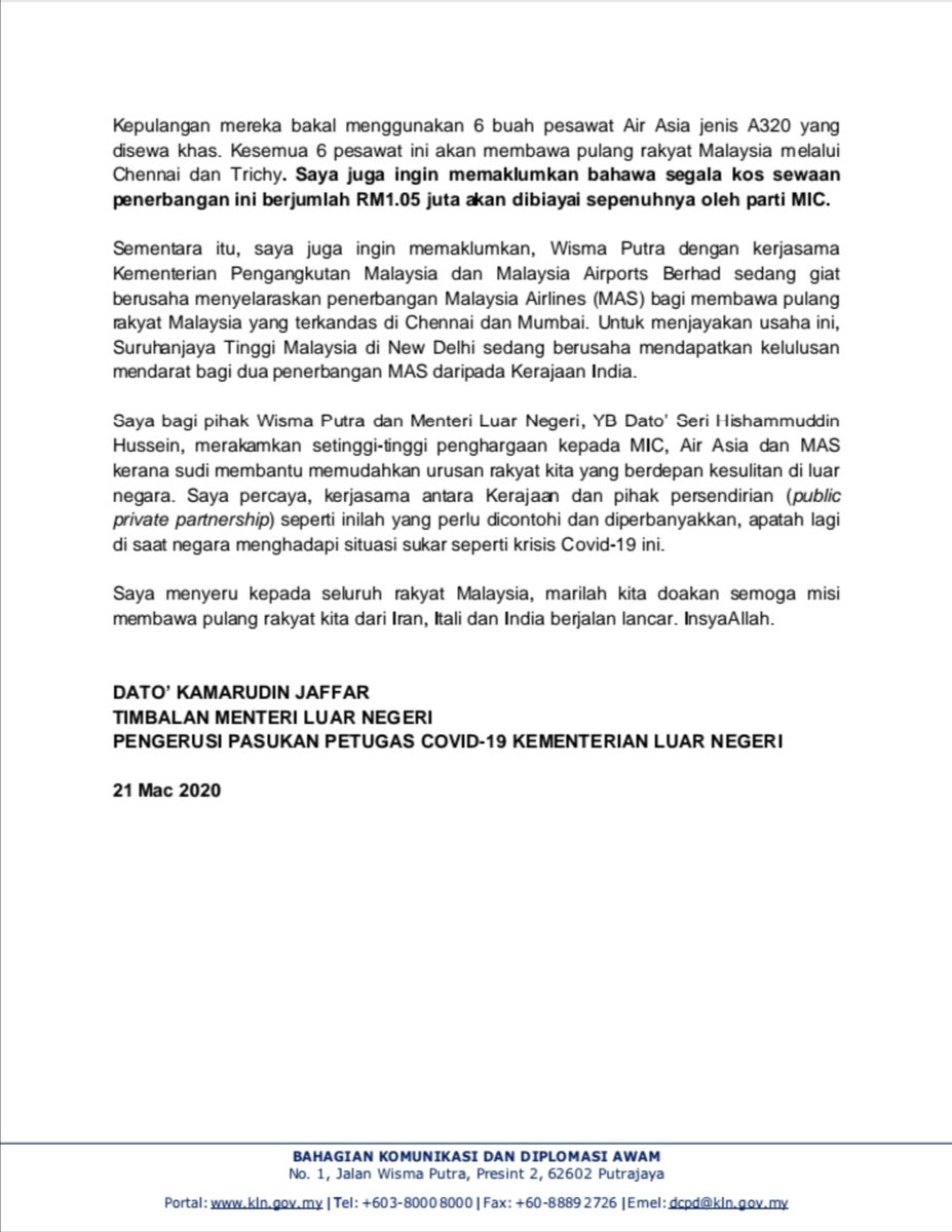 Wisma Putra On Twitter Siaran Akhbar Perkembangan Terkini Rakyat Malaysia Yang Terkandas Di Iran Itali Dan India Ekoran Penularan Pandemik Covid 19 Hishammuddinh2o Ikramshahrul Amran Zin Nadziraho H2ocomms Jpmgov Kkmputrajaya Mynadma