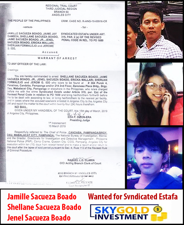 BoadoJamille's tweet image. Warrant of arrest for Syndicated Estafa JAMILLE BOADO with, Jaime jay Gamboa, Shellane Sacueza Boado,Jenel Sacueza Boado, Ericka Mallari, Sheran Formalejo,Jerome G, Indo 
#Blockchain  #event #ERC20 #ICO #Abetokenproject 
#Bitcoin #BTC #Ethereum #ETH #Abetoken #JamilleBoado #DTC