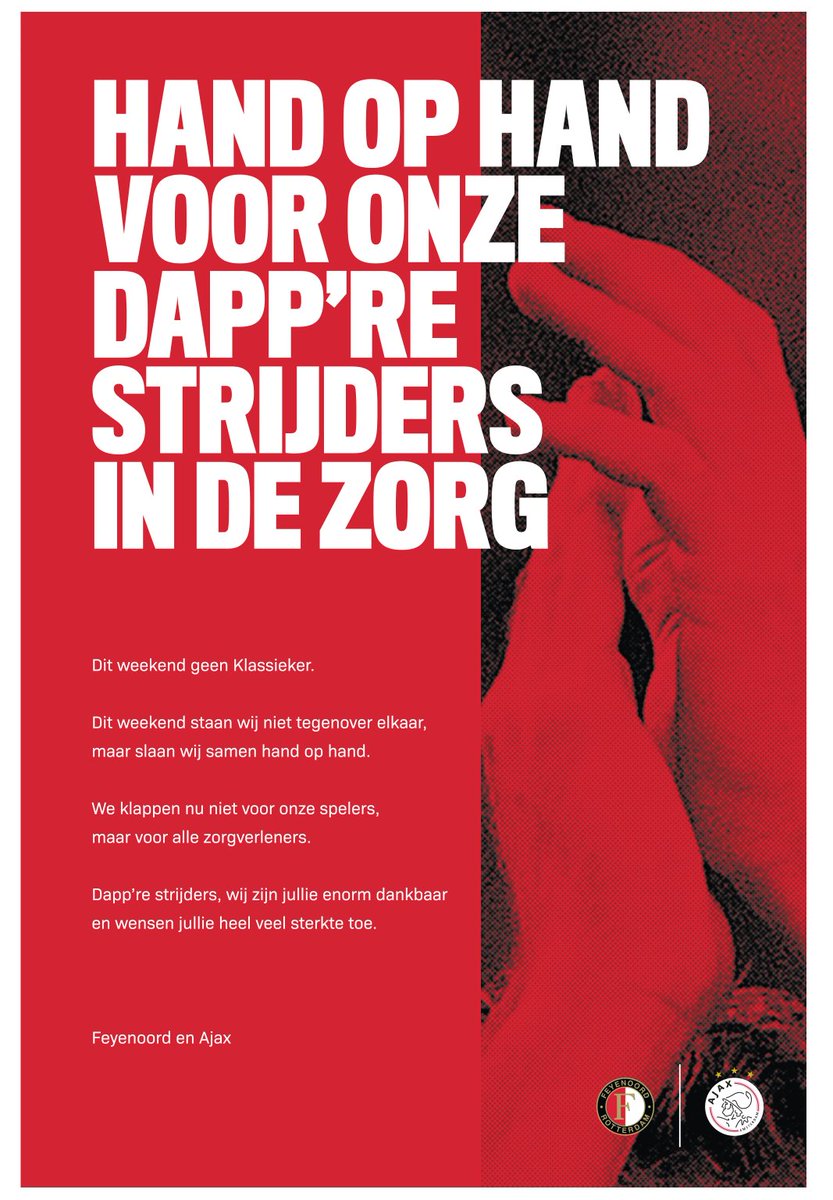 Een gezamenlijke actie van aartsrivalen Feyenoord en Ajax. Ze plaatsten deze advertentie in meerdere kranten, als bedankje aan zorgmedewerkers.  

Volg al het nieuws over het #coronavirus in ons liveblog: rtlnieuws.nl/nieuws/nederla…