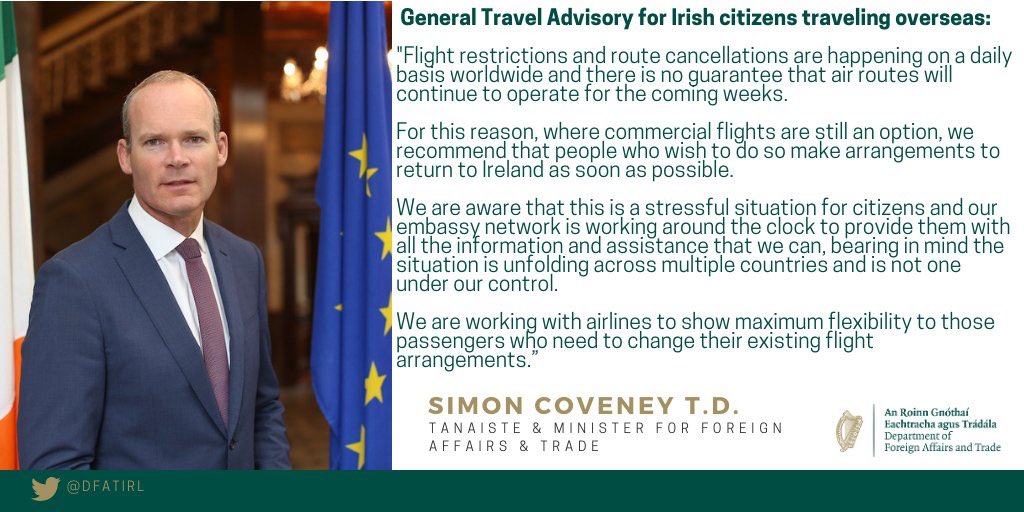 Irish Embassy UAE (@irelandembuae) on Twitter photo Irish citizens who wish to return to Ireland are encouraged to make immediate plans to do so.
Further flight restrictions could be introduced at any time.
merrionstreet.ie/en/News-Room/N…
<a href="/dfatirl/">Irish Foreign Ministry</a> <a href="/dfatravelwise/">DFATravelWise</a> Irish citizens who wish to return to Ireland are encouraged to make immediate plans to do so.
Further flight restrictions could be introduced at any time.
merrionstreet.ie/en/News-Room/N…
<a href="/dfatirl/">Irish Foreign Ministry</a> <a href="/dfatravelwise/">DFATravelWise</a>