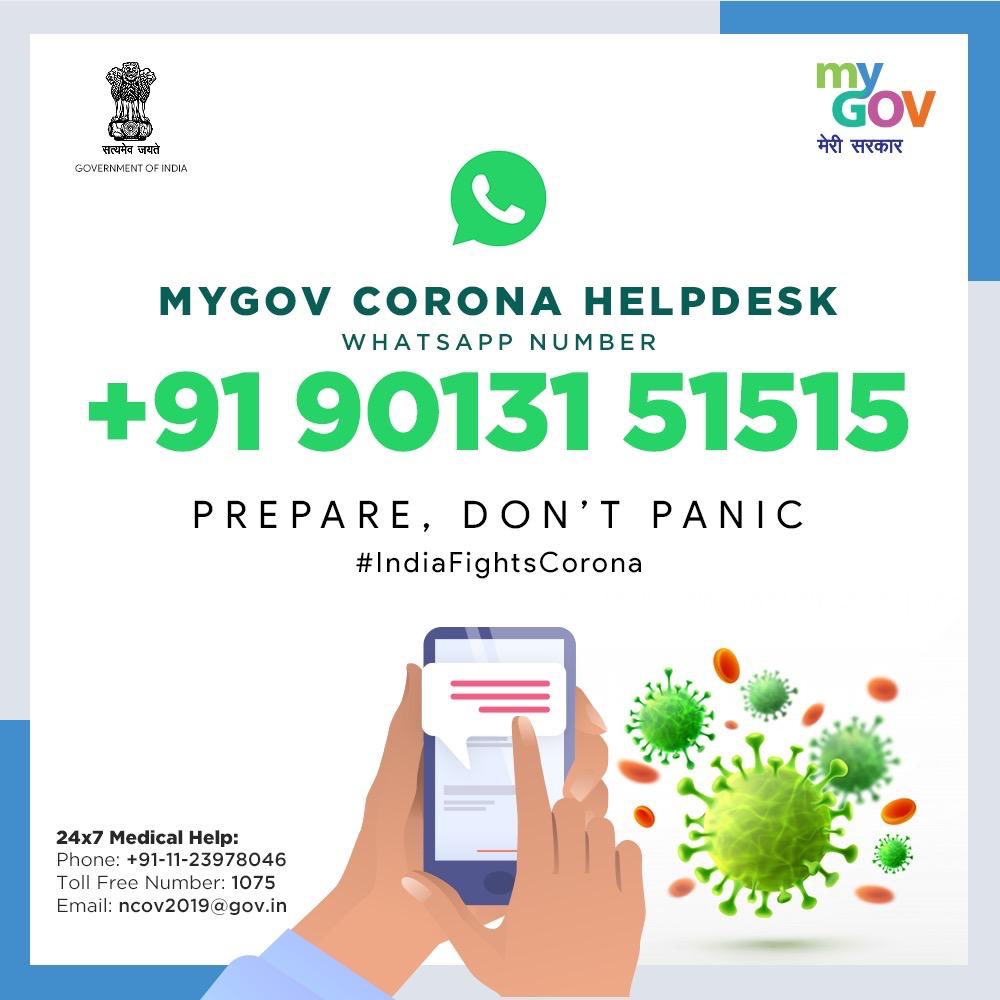 Narendra Modi (@narendramodi) on Twitter photo Sharing correct information, avoiding incorrect panic.
Here is an effort by WhatsApp and <a href="/mygovindia/">MyGovIndia</a> to ensure you receive accurate and verified information on Coronavirus.
Please click on this link wa.me/919013151515?t… or send Hi on +919013151515. #IndiaFightsCorona Sharing correct information, avoiding incorrect panic.
Here is an effort by WhatsApp and <a href="/mygovindia/">MyGovIndia</a> to ensure you receive accurate and verified information on Coronavirus.
Please click on this link wa.me/919013151515?t… or send Hi on +919013151515. #IndiaFightsCorona