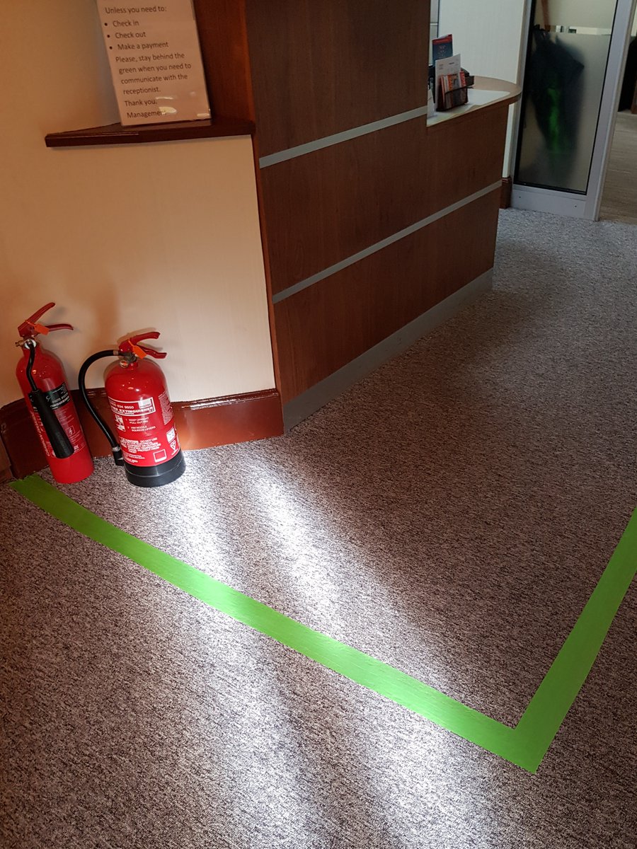 ResidenceLondon's tweet photo. Dear Residents, 
Unless you need to: 
- Check in.
- Check out.
- Make a payment.
Please, stay behind the green line when you communicate with the receptionist. Thank you. #coronavirusprevention https://t.co/ZSu2SE0zud