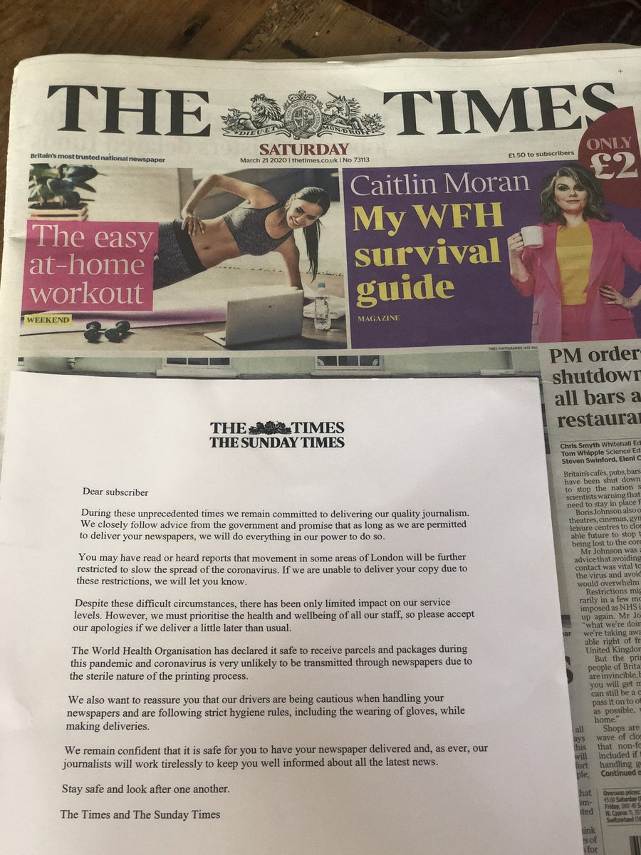 Big shout out to the incredible team <a href="/NewsUK/">News UK</a> <a href="/thetimes/">The Times and Sunday Times</a> who continue to write, print and deliver news to us in these unprecedented times 👏