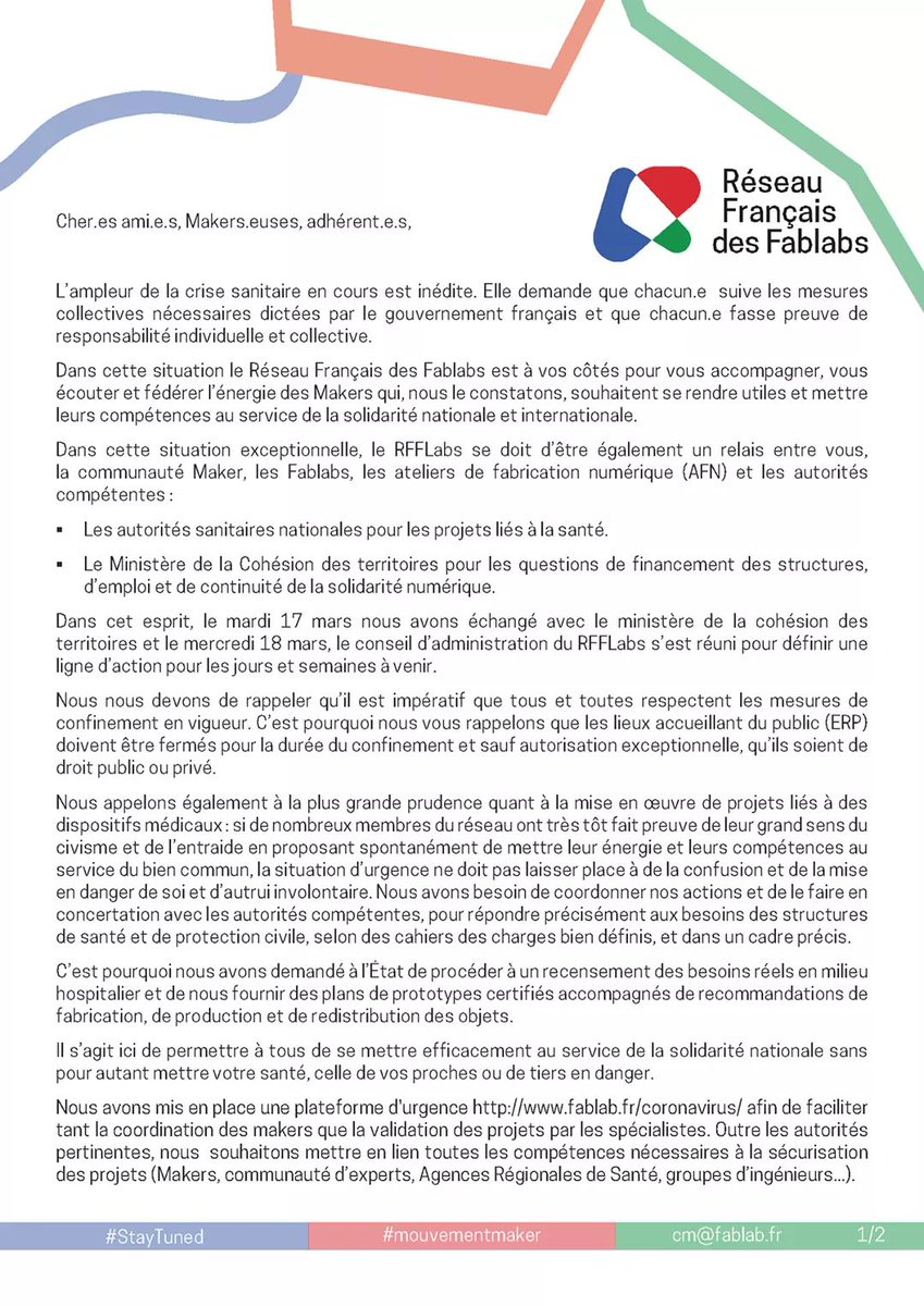 RFFLabs's tweet image. Mutualiser, apprendre et fabriquer !
3 domaines d&apos;action : santé, éducation, culture ! 
3 missions : protéger, sourcer, partager ! 
Nouvelle plateforme recensant les dynamiques COVID19. 
 fablab.fr/coronavirus/  
Restez créatifs &amp;amp; prudents !
#mouvementmaker #covid19 #rfflabs