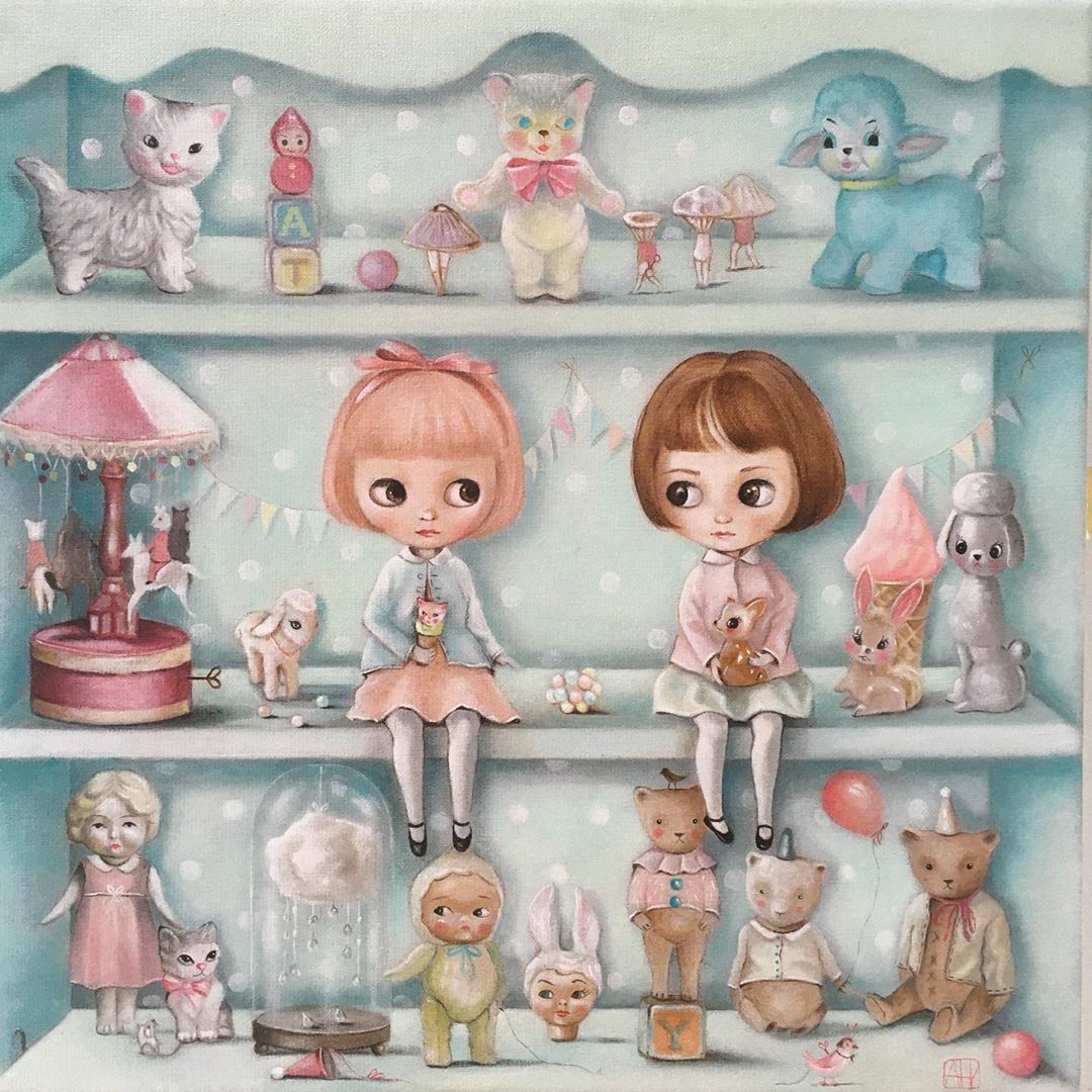 Can't get over how cute this is! 'Life on the shelf' by inameliart. So sweet.

#beautifulbizarre #blythe #popsurrealism #dolls #oilpainting #vintagetoys #blythedoll #toystory #popsurrealism #bigeyes #bigeyesart #inameliart