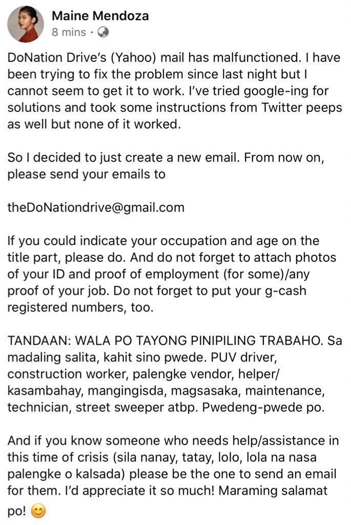Φ΄ΦΆΦΈ (@menggalurks) on Twitter photo FYI <a href="/mainedcm/">Maine Mendoza</a>'s <a href="/yahoomail/">Yahoo Mail</a> has malfunctioned. She decided to create a NEW email.
For people who needs assistence, kindly email theDoNationdrive@gmail.com instead. Thank you.
#STREAMParangKailanLang #MaineMendoza
<a href="/mor1019/">MOR 101.9 For Life</a> #MORHot10 Parang Kailan Lang By Maine Mendoza FYI <a href="/mainedcm/">Maine Mendoza</a>'s <a href="/yahoomail/">Yahoo Mail</a> has malfunctioned. She decided to create a NEW email.
For people who needs assistence, kindly email theDoNationdrive@gmail.com instead. Thank you.
#STREAMParangKailanLang #MaineMendoza
<a href="/mor1019/">MOR 101.9 For Life</a> #MORHot10 Parang Kailan Lang By Maine Mendoza