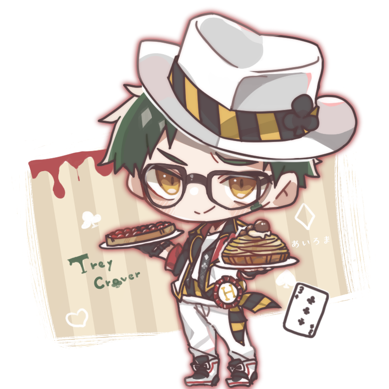 1boy male focus green hair hat chibi food solo  illustration images