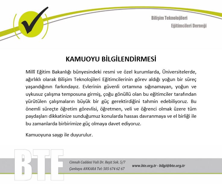 1/10 
KAMUOYU BİLGİLENDİRMESİ: Zorunlu Örgün Eğitim Arası
bte.org.tr/wp-content/upl…
Öğretim görevlisi, öğretmen, veli ve öğrenci olmak üzere tüm paydaşları dikkatinize sunduğumuz konularda hassas davranmaya ve birbirimize güç olmaya davet ediyoruz. <a href="/btedernegi/">BTE Derneği</a>