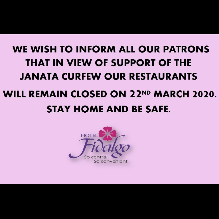 FidalgoHotelGoa's tweet image. Our restaurants remain closed on 22nd March 2020 in view of the Janata Curfew.
Its not Curfew its CARE F😊R U.
STAY HOME AND BE SAFE.
 
#Hotelfidalgo #panaji #goa #indiafightscorona #auntymaria #bhojan #chillinspice #legacyofbombay #Ogoa