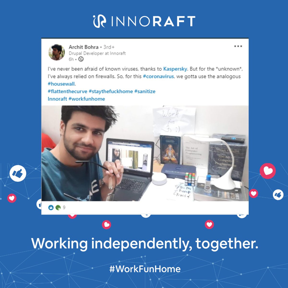 innoraft's tweet image. Thank you Innorafters for your enthusiasm and making work from home #WorkFunHome
We look forward to setting an example and continue to work with more proactiveness and enthusiasm.
.
.
.
.
.
#Covid19 #Innoraft #Team #Culture #HappyTeam #Growth #Success #Drupal #Developers
