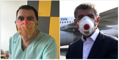 Posledniskaut's tweet photo. Vlevo: Zdravotník na příjmu - obyčejná bavlněná rouška (nedostatečná).
Vpravo: Hochštapler, shodou okolností i premiér a miliardář - FFP3 respirátor Cover Guard. 
#ceskovdobekoronaviru 
(thx Vlado Soos) https://t.co/PBDh80XlLE