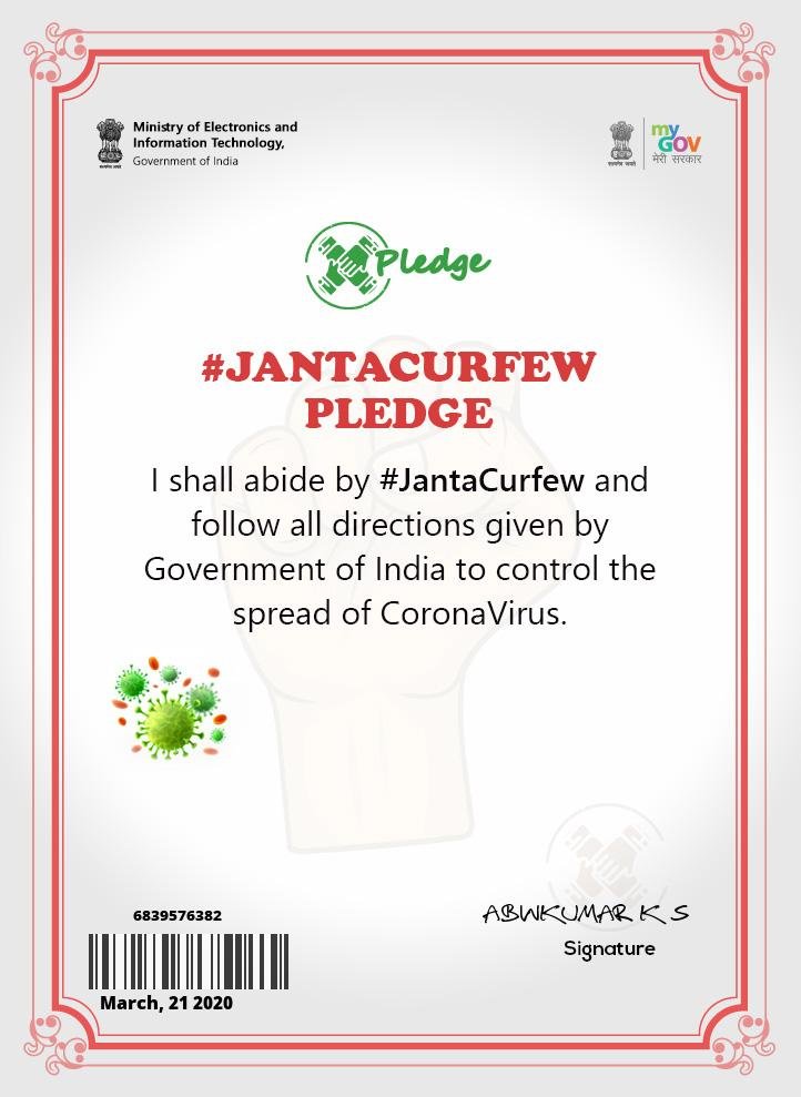 abinkumar_k's tweet photo. To join the fight against coronavirus, I have taken the #jantacurfewpledge and committed myself towards keeping the country safe. You can also take the pledge at https://t.co/rmpKeVVleJ https://t.co/eZLu8kUhjh via @mygovindia https://t.co/gGdcAeE4Ln