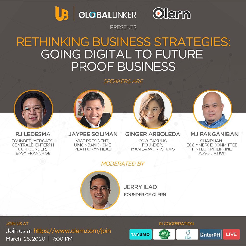 urekaforumph's tweet photo. Inviting all our friends, MSME friends and MSME supporters... please join us online on Wednesday March 25, 2020 7pm. Let's all take that step to future proof our businesses. 

Also available on FB live through Olern page!

#TechUpSME #TechUpPilipinas https://t.co/g9oCRH9dTv