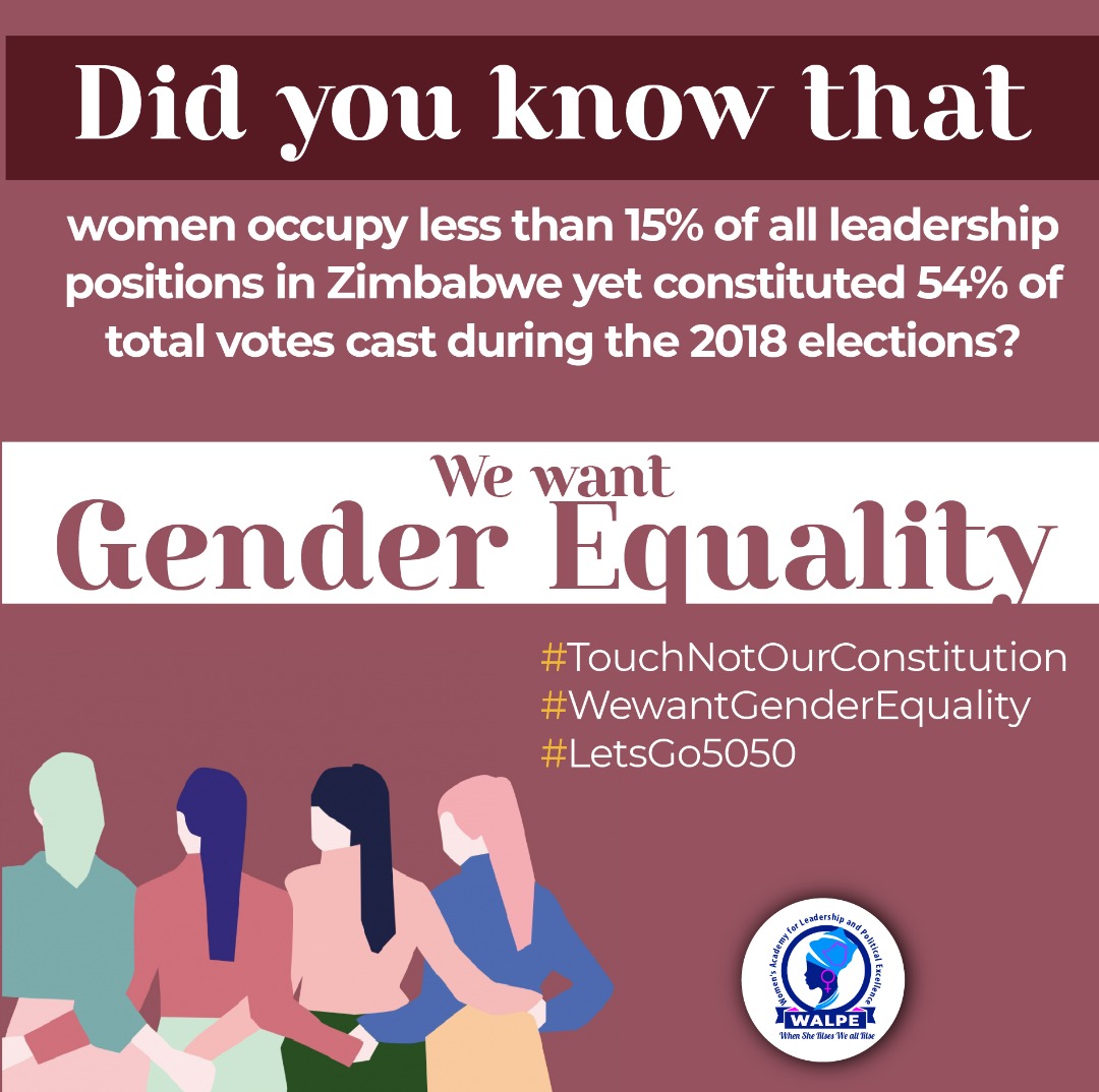 WalpeAcademy's tweet photo. Did you know that women occupy less than 15% of all leadership positions in Zimbabwe yet constituted 54% of total votes cast during the 2018 elections?

We want gender equality!!!
#EachForEaqual #LetsGo5050 #WeWantGenderEquality #TouchNotOurConstitution https://t.co/nAYUciRaRg