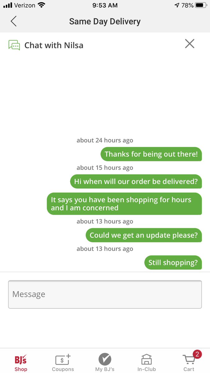 Kat_Ferry's tweet photo. @Instacart your shopper has been “shopping” for 24 hours. No responses via chat or email. Please help https://t.co/RPGD0NOHFg