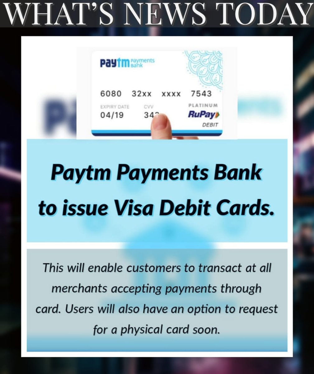 rketing2820's tweet photo. NEWS FOR THE DAY!!!!! #MaRketingMuni #marketingnewsdaily #news #newsfortheday #businessnews #easyconcepts #easylearning #paytm #card #debitcard #paytmbank #visa #visadebitcard https://t.co/gkIpdc9adX