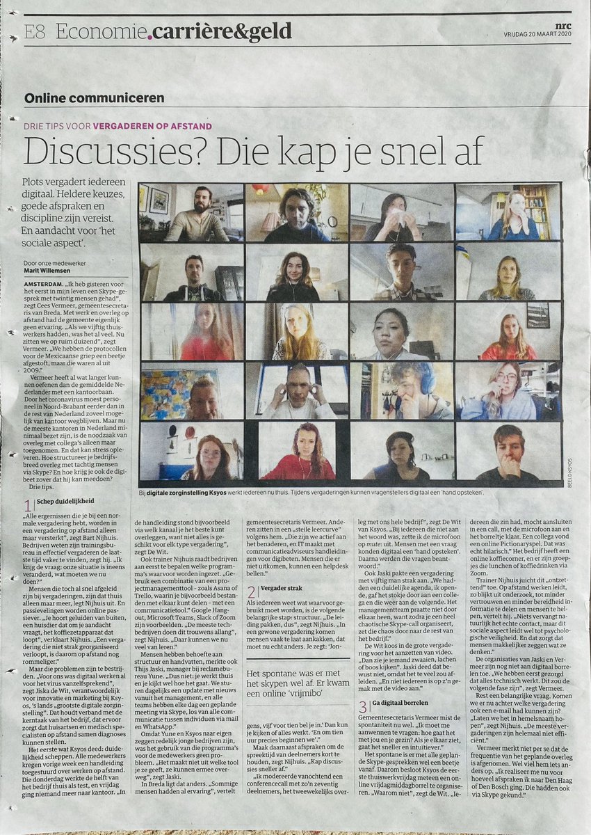Op afstand werken leidt, zo blijkt uit onderzoek, tot minder vertrouwen en minder bereidheid informatie te delen en mensen te helpen. | <a href="/Bart_Nijhuis/">Bart</a> #nrc