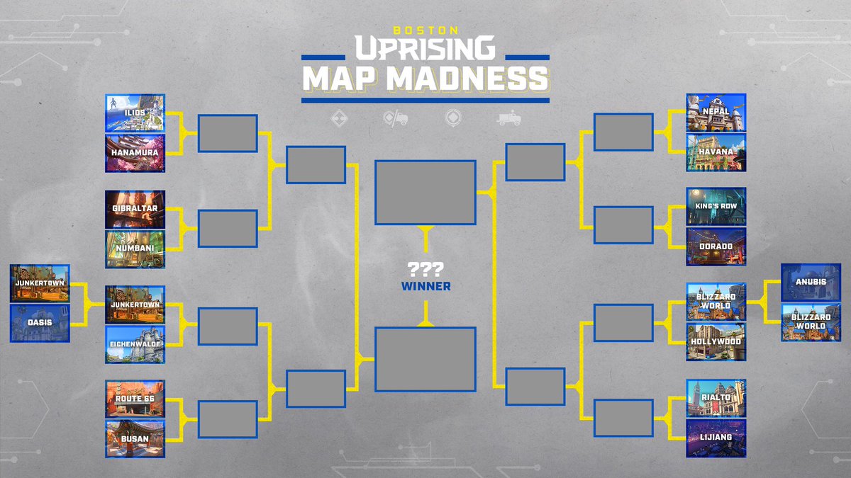 BostonUprising's tweet photo. The #MapMadness Round of 16 starts now!
Ilios vs. Hanamura and Watchpoint: Gibraltar vs. Numbani in the thread below. https://t.co/OQQdzoE7Fk