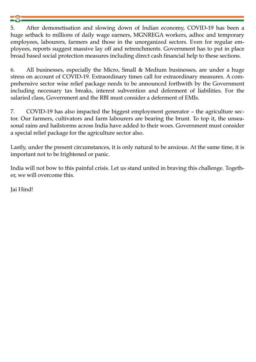As the entire nation stands united in our joint fight against COVID-19, Congress President Smt Sonia Gandhi ji urges the PM &amp; the Government to action some key issues. 
#Coronavirus