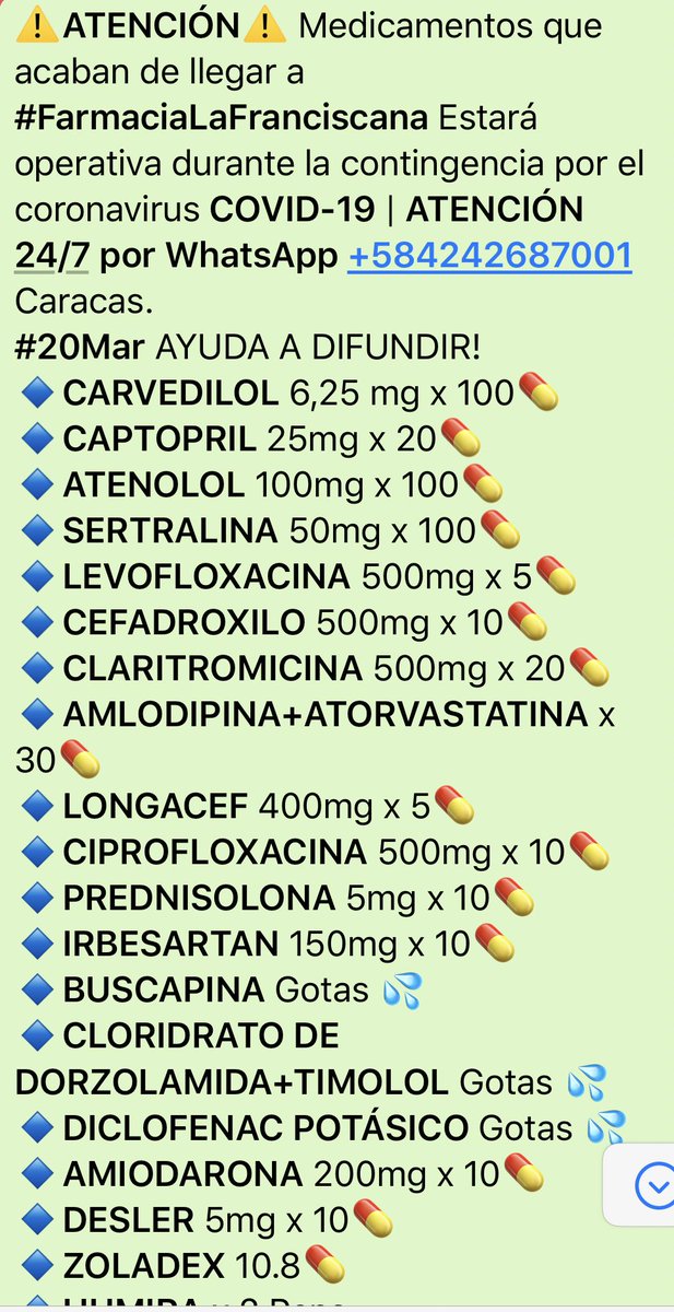LafranciscanaF's tweet photo. ⚠️ATENCIÓN⚠️ Aquí está el listado de los medicamentos que no acaban de llegar. Por favor ayuden a difundir!
#CuarentenaPorLaVida #COVIDー19 #FelizSabado #StayAtHome 
Que salga solo 1 miembro de tu familia para las compras <65A y recuerda, lávate constantemente las manos con 💦🧼 https://t.co/IhE8MgQGcK
