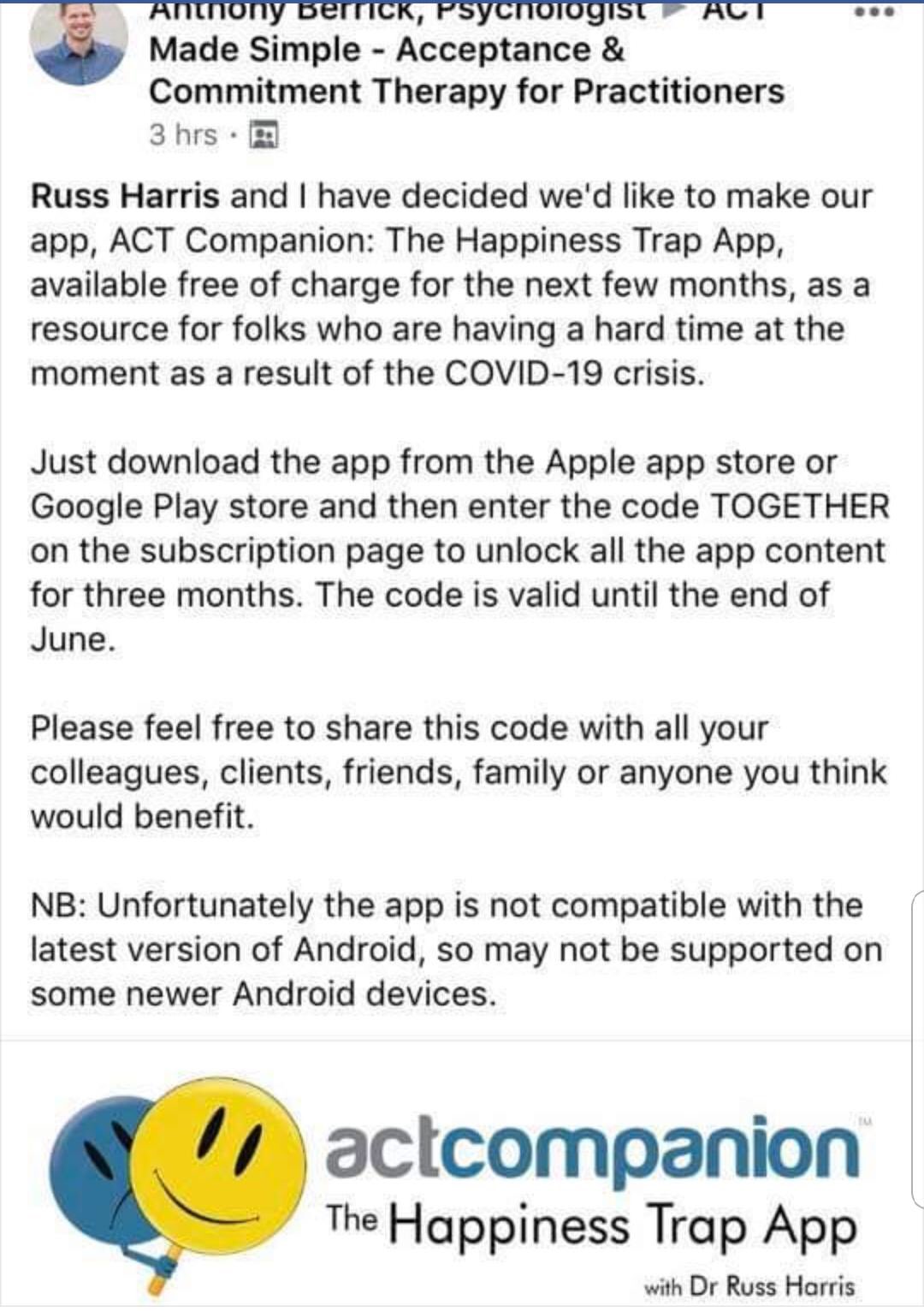 S Pellegrini On Twitter The Acceptance And Commitment Therapy App Has Kindly Been Made Free By Its Creators As An Extra Support In Light Of Covid 19 The Code To Access All Features