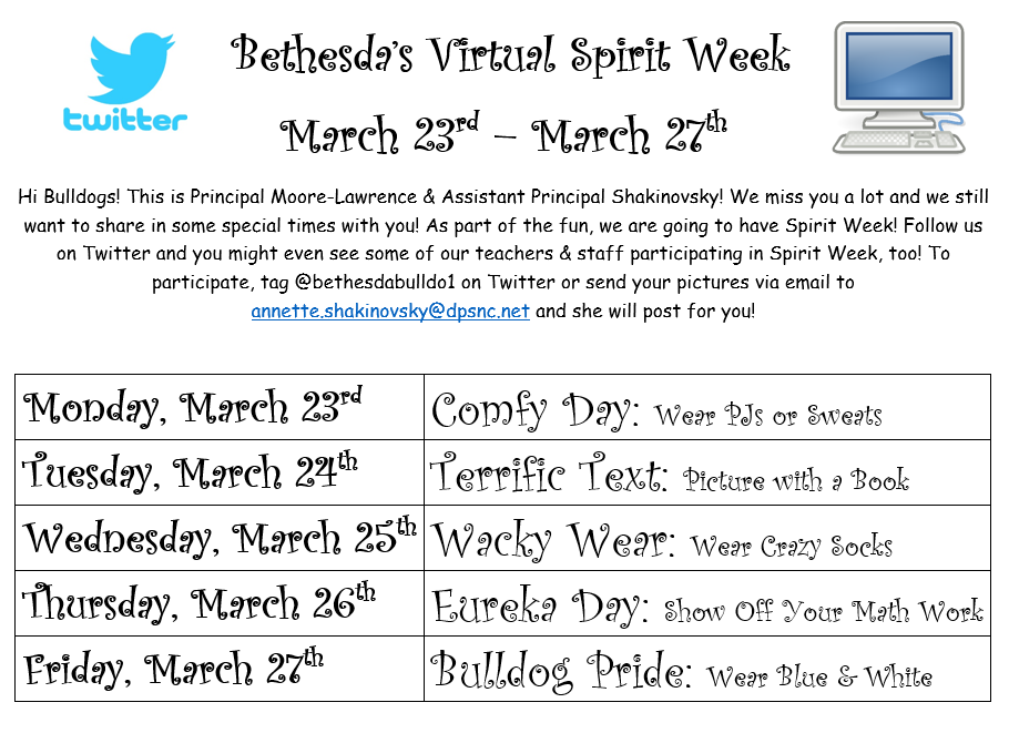 BethesdaBulldo1's tweet photo. Hey Bethesda Family! 
We have some exciting things happening this week. One of them is our first VIRTUAL Spirit Week! We hope you will join us in participating starting on Monday! 
@DurhamPublicSch 
@pmubenga 
@drstacydstewart https://t.co/HTFuYtuIx4
